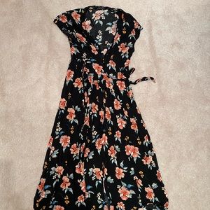 Zara Black Button down Midi Dress with Pink Floral Design